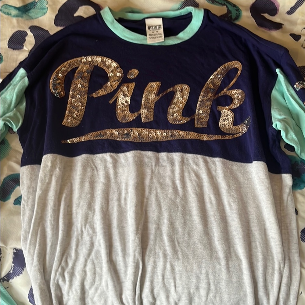 PINK Victoria's Secret Kids' Sequin Logo Shirt - Navy, Mint, and Gray